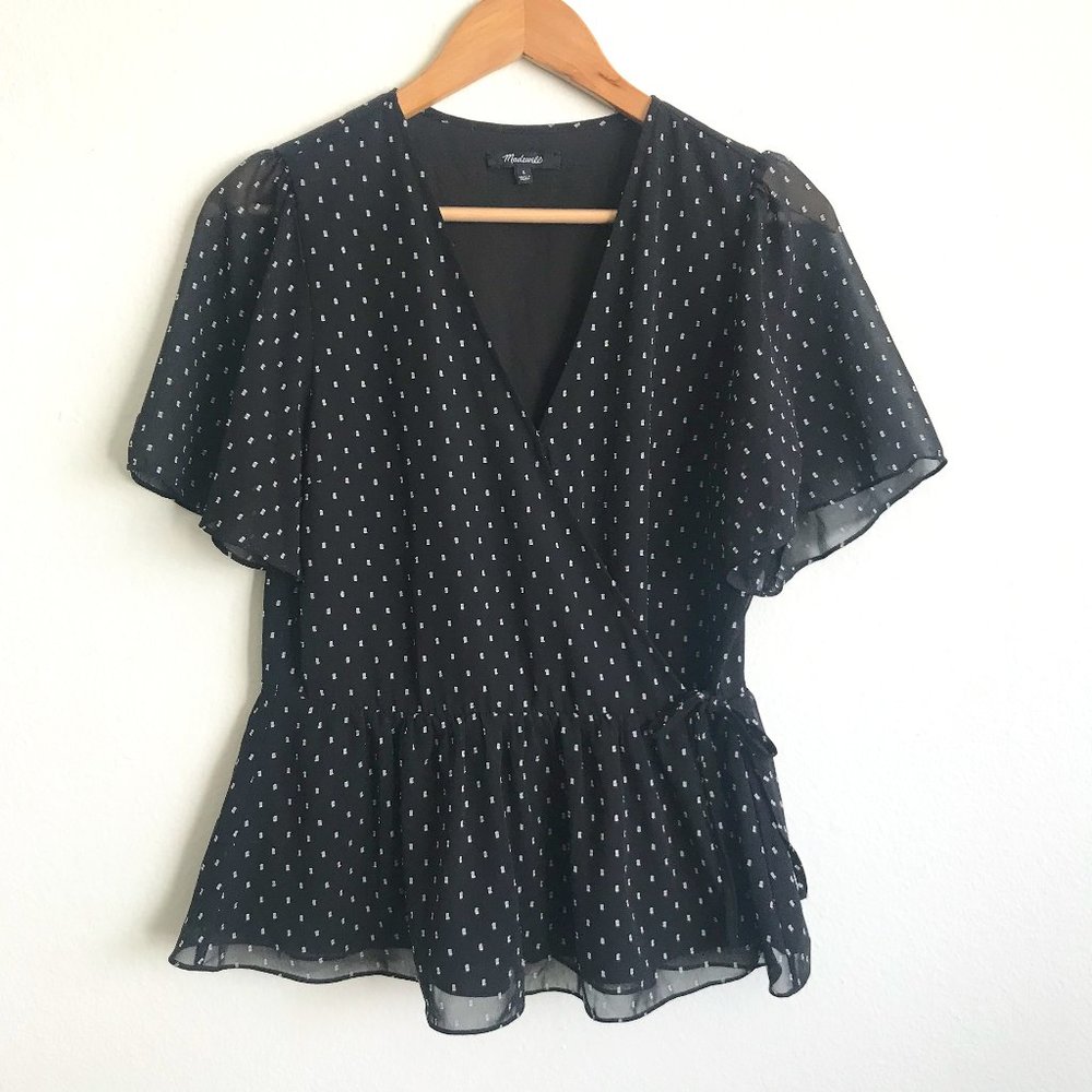 Madewell Wrap and Tie V Neck Black and White Textured Blouse Size S Small